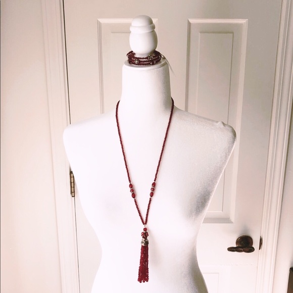 Napier Jewelry - Red Tassel Beaded Necklace Set
